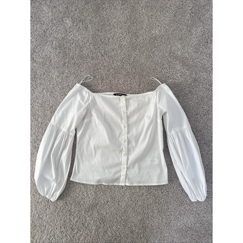 White Express Puffy 3/4Sleeve Blouse Button Up Off Shoulder CottageCore Romantic